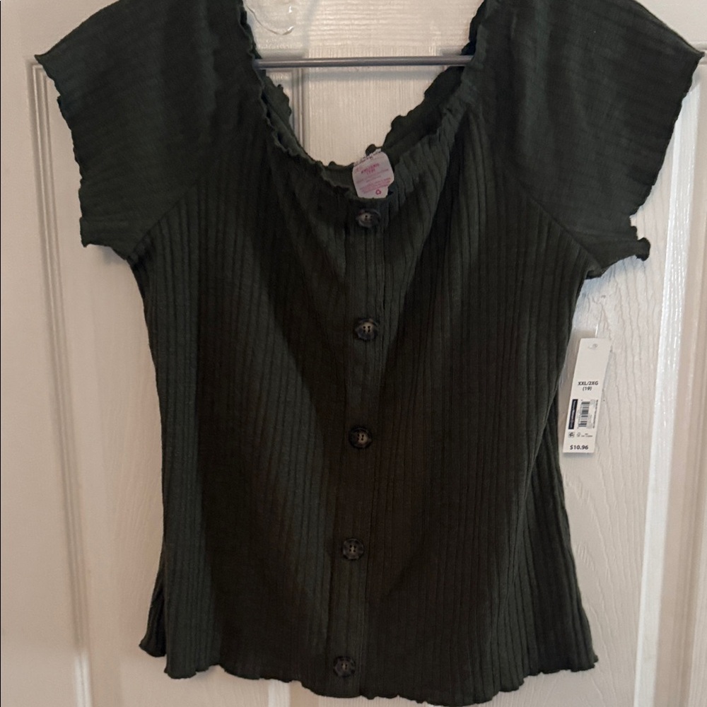 No Boundaries Dark Green Ribbed Button-Front Top